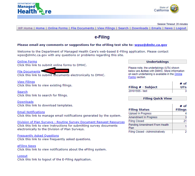 Screenshot of e-Filing page with arrow pointing to File Documents link.